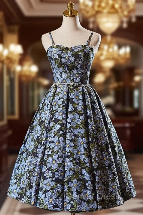 Black Spaghetti Straps Flower Print Homecoming Dresses Main image
