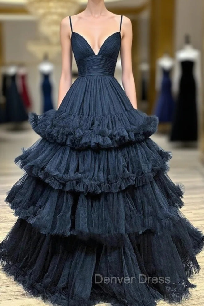 Black Spaghetti Straps Pleats Prom Dresses Main image