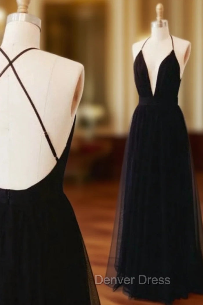 Black Spaghetti Straps Prom Dresses Open Back Graduation Dresses Main image