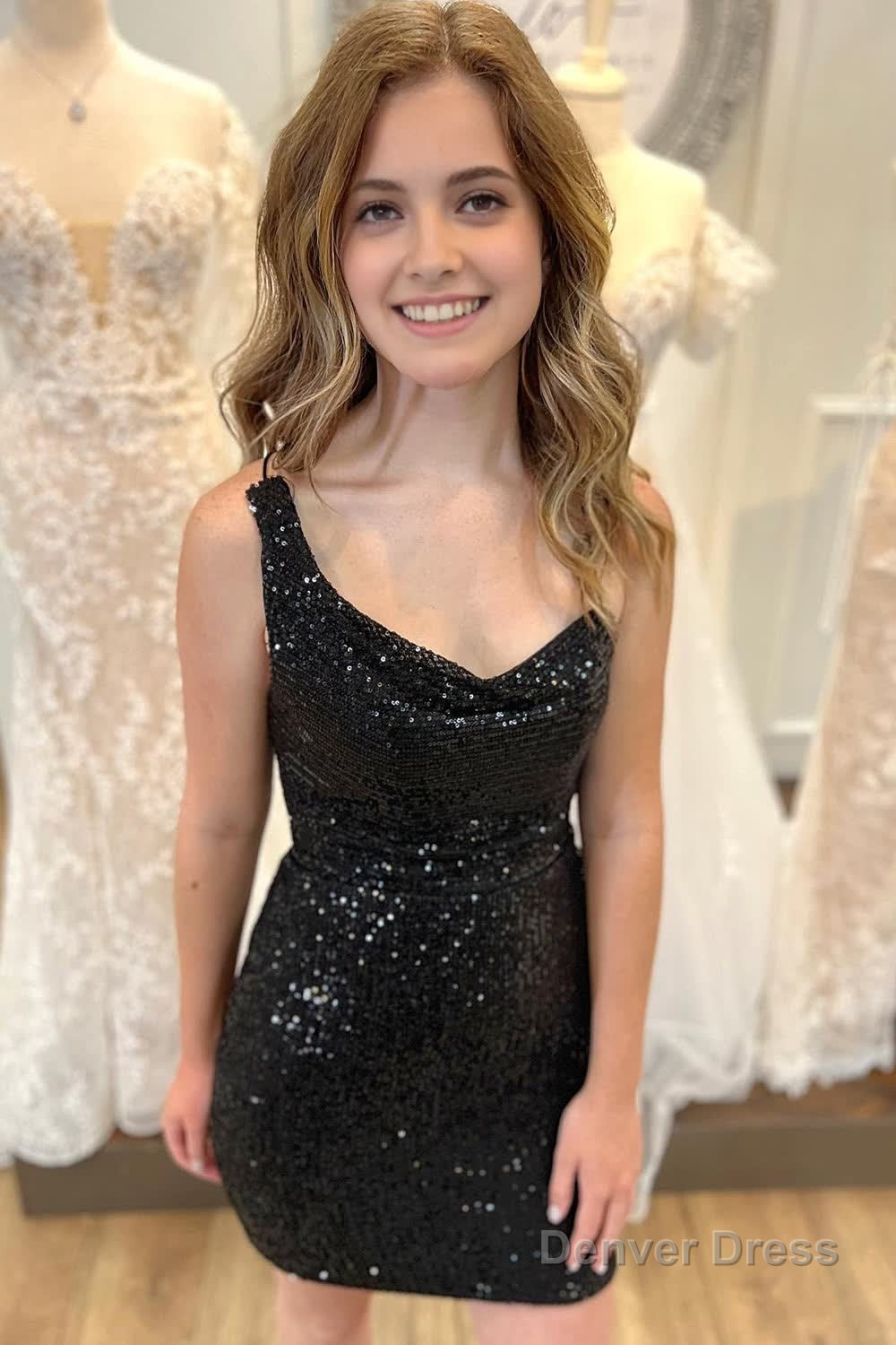 Black Spaghetti Straps Sequins Backless Tight Homecoming Dresses