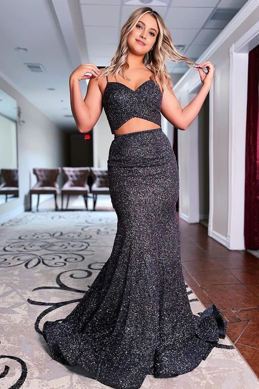 black spaghetti straps sequins hollow out mermaid prom dress