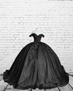 Black Sparkly Ball Gown Dress With 3D Flowers