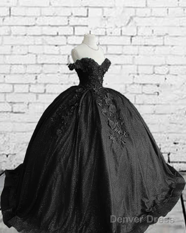 Black Sparkly Ball Gown Dress With 3D Flowers Main image
