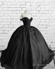Black Sparkly Ball Gown Dress With 3D Flowers