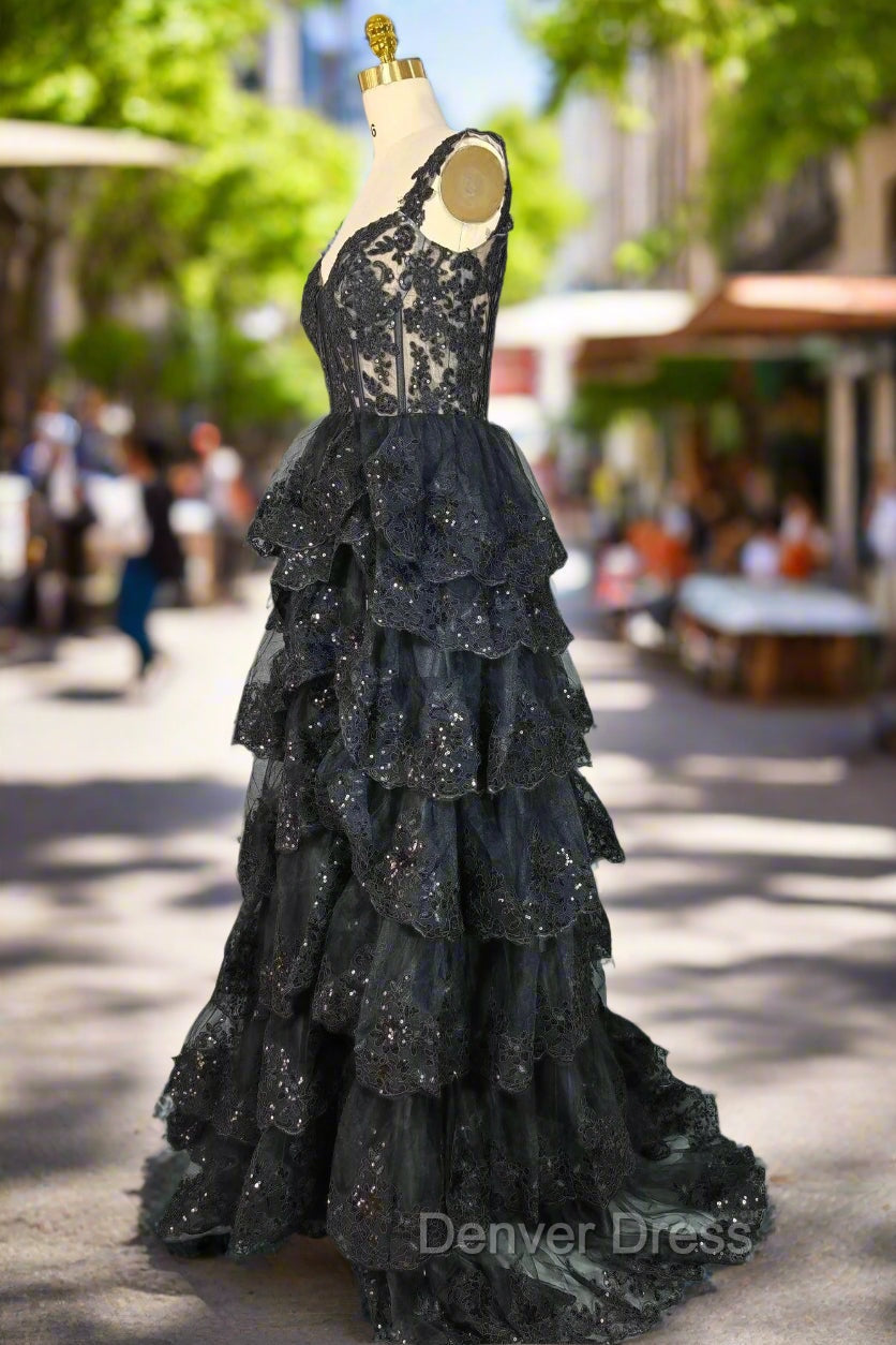 Black Sparkly Corset Prom Dress Off The Shoulder Tiered A Line Sweetheart Neck Tulle Lace Prom Dresses Secondary image