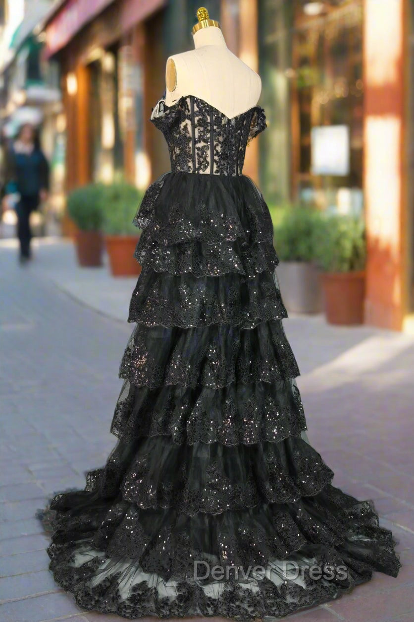 Black Sparkly Corset Prom Dress Off The Shoulder Tiered A Line Sweetheart Neck Tulle Lace Prom Dresses