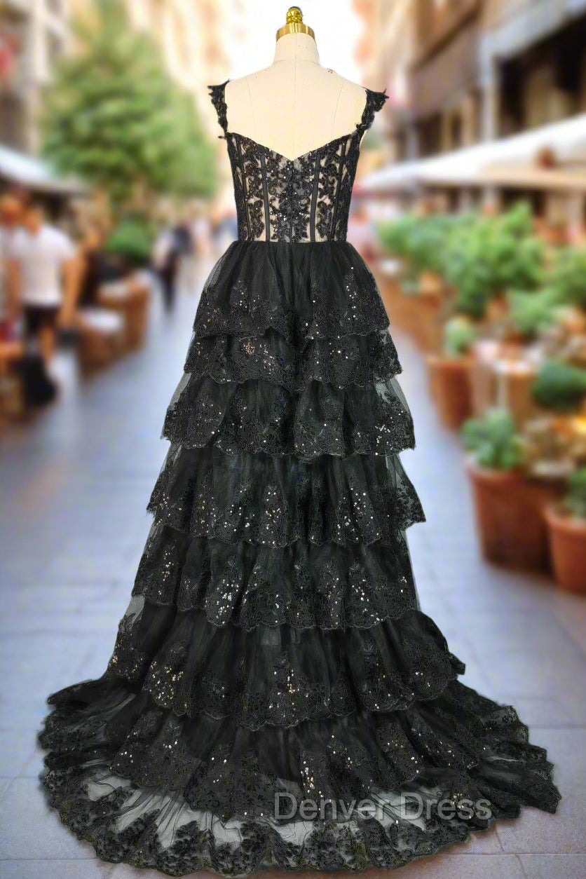 Black Sparkly Corset Prom Dresses Off The Shoulder Tiered A-Line Sweetheart Neck Tulle Lace Evening Dresses