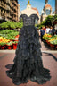 Black Sparkly Corset Prom Dress Off The Shoulder Tiered A Line Sweetheart Neck Tulle Lace Prom Dresses