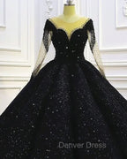 Black Sparkly Long Sleeve Wedding Ball Gown Dresses