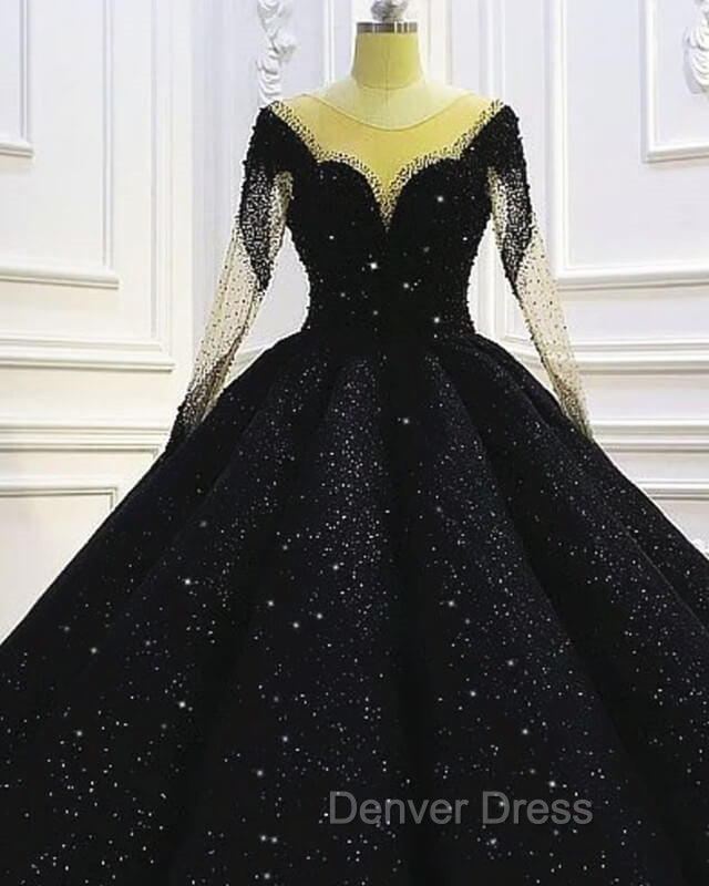 Black Sparkly Long Sleeve Wedding Ball Gown Dresses