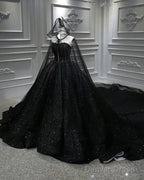 Black Sparkly Wedding Dress Ball Gown With Cape Veil