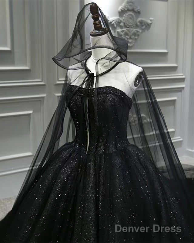 Black Sparkly Wedding Dress Ball Gown With Cape Veil
