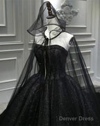 Black Sparkly Wedding Dresses Ball Gowns With Cape Veil