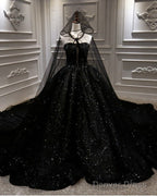 Black Sparkly Wedding Dress Ball Gown With Cape Veil