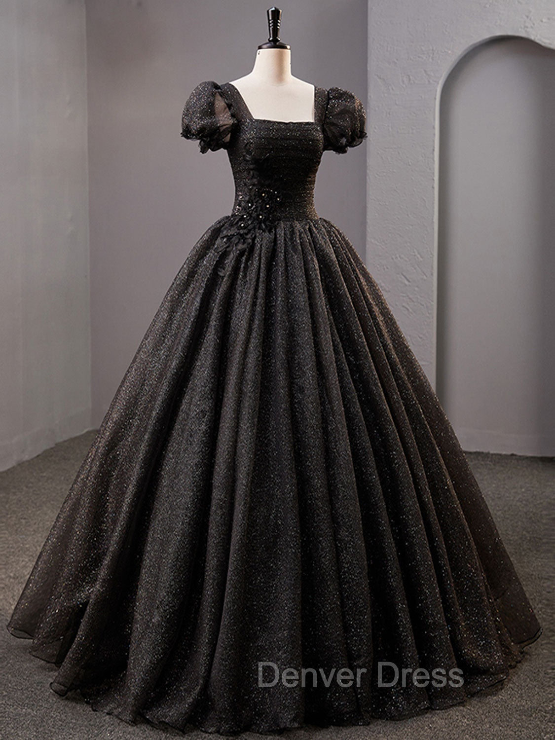 Black Square Neckline Tulle Long Prom Dresses, Shiny Tulle Black Evening Dresses Secondary image