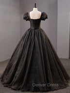 Black Square Neckline Tulle Long Prom Dresses, Shiny Tulle Black Evening Dresses