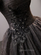 Black Square Neckline Tulle Long Prom Dress, Shiny Tulle Black Prom Dresses