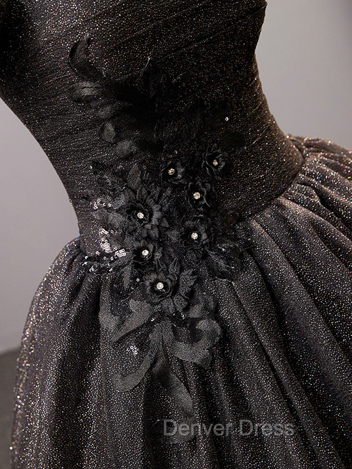 Black Square Neckline Tulle Long Prom Dress, Shiny Tulle Black Prom Dresses