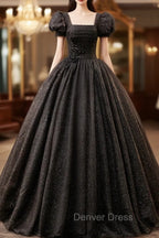 Black Square Neckline Tulle Long Prom Dresses, Shiny Tulle Black Evening Dresses