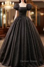 Black Square Neckline Tulle Long Prom Dress, Shiny Tulle Black Prom Dresses