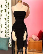 Black Strapless Midi Length Ruffle Prom Dress Sexy Prom Dresses