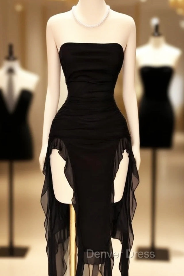 Black Strapless Midi Length Ruffle Prom Dress Sexy Prom Dresses Main image