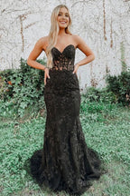 Black Strapless Prom Dresses with Appliques
