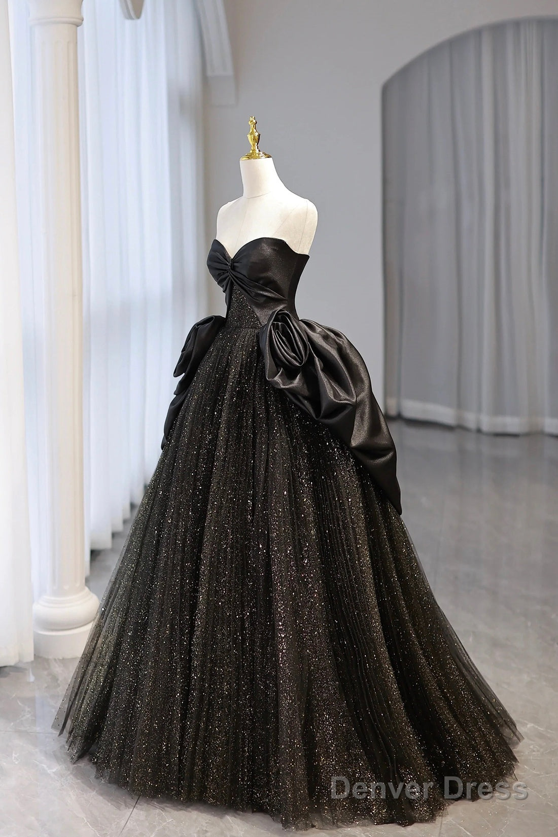 Black Strapless Satin And Tulle Long Prom Dress, Beautiful A-Line Evening Party Dress Secondary image