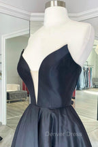 Black Strapless Satin Long Prom Dresses, Black A-Line Evening Dresses