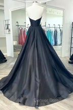 Black Strapless Satin Long Prom Dresses, Black A-Line Evening Dresses