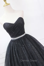 Black Strapless Shiny Tulle Tea Length Prom Dresses, Black A-Line Homecoming Dresses