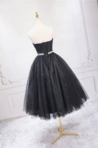 Black Strapless Shiny Tulle Tea Length Prom Dress, Black A Line Homecoming Dresses
