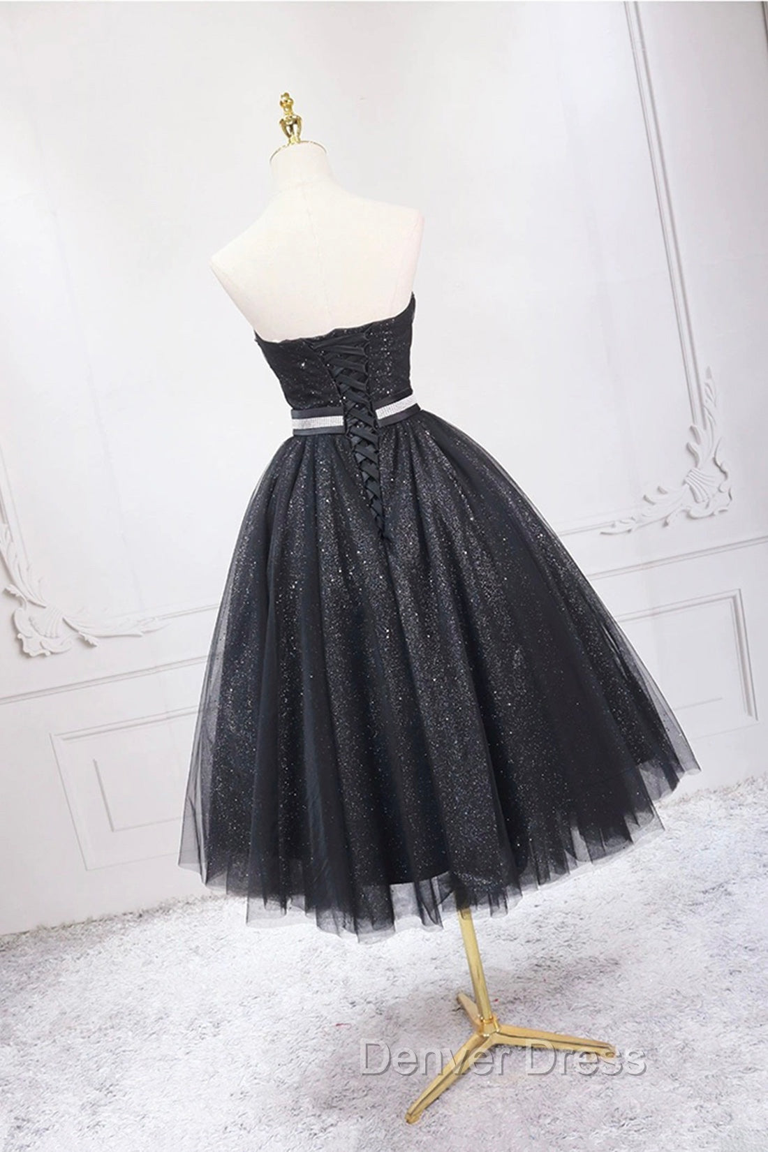 Black Strapless Shiny Tulle Tea Length Prom Dress, Black A Line Homecoming Dresses