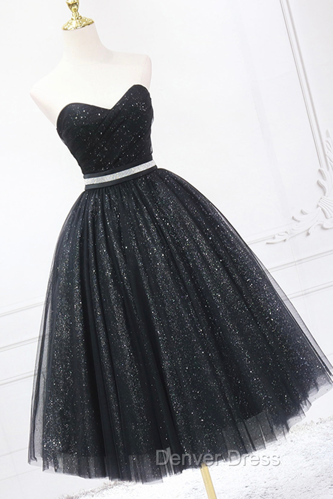 Black Strapless Shiny Tulle Tea Length Prom Dresses, Black A-Line Homecoming Dresses