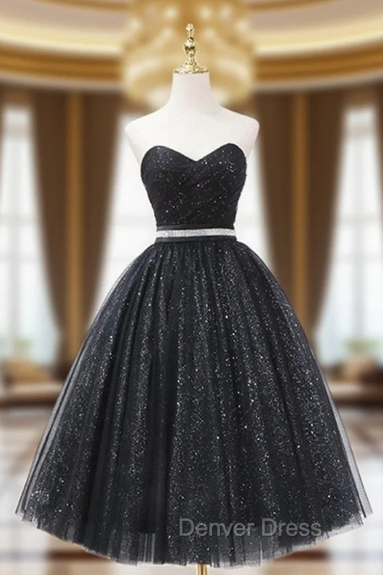 Black Strapless Shiny Tulle Tea Length Prom Dresses, Black A-Line Homecoming Dresses