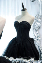 Black Strapless Tulle Long A Line Prom Dresses, Black Prom Gowns