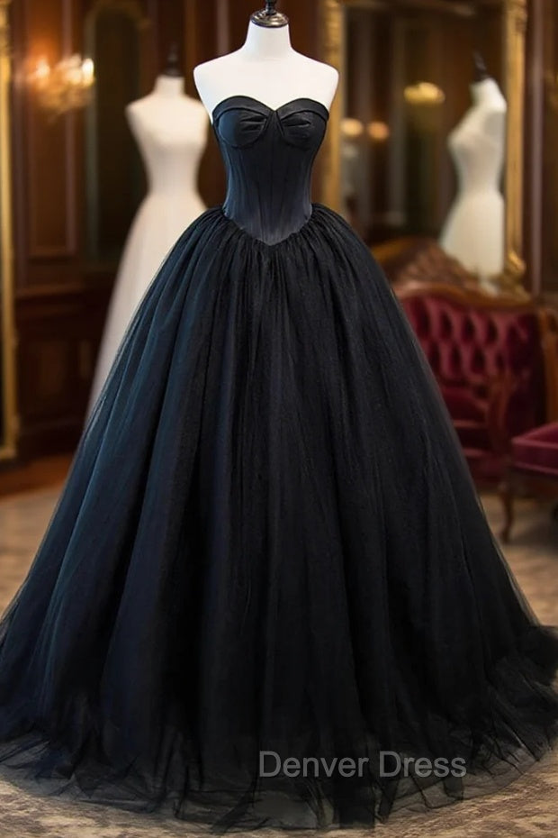 Black Strapless Tulle Long A Line Prom Dresses, Black Prom Gowns
