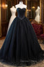 Black Strapless Tulle Long A Line Prom Dresses, Black Prom Gowns
