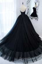 Black Strapless Tulle Long A Line Prom Dresses, Black Prom Gowns