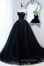 Black Strapless Tulle Long A Line Prom Dresses, Black Prom Gowns