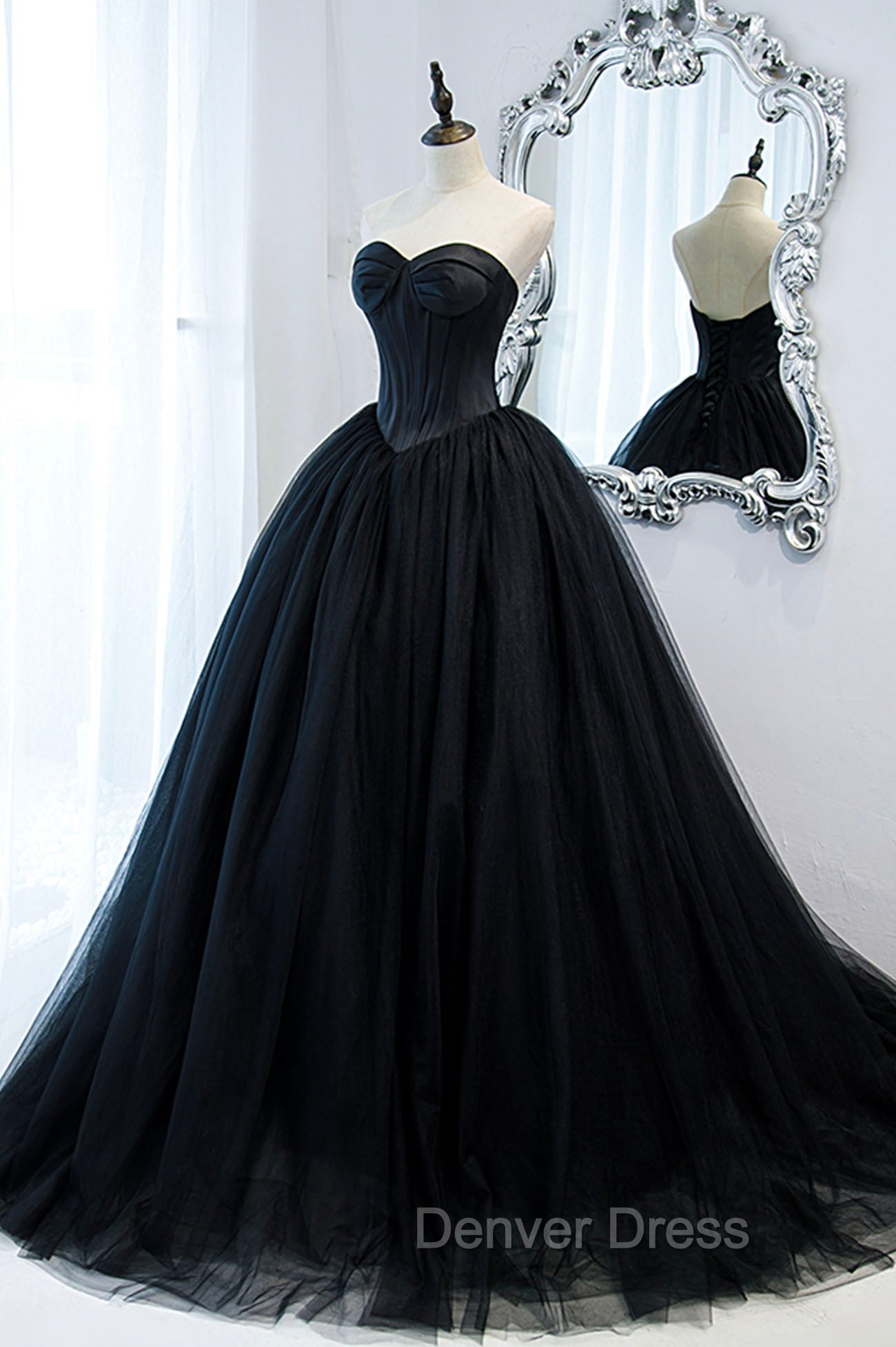 Black Strapless Tulle Long A Line Prom Dresses, Black Prom Gowns