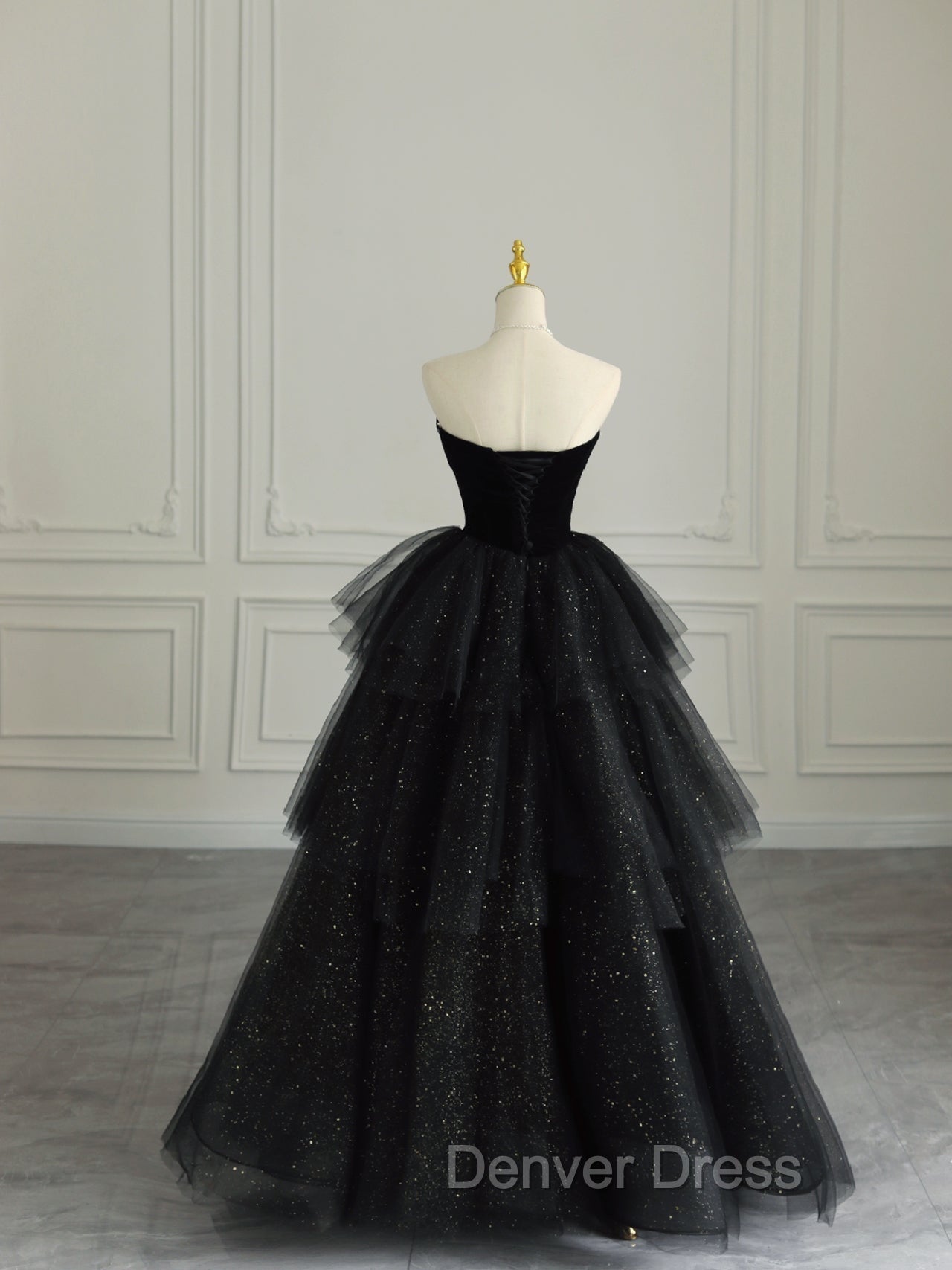 Black Strapless Layered Velvet Tulle Long Prom Dress Secondary image