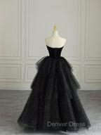 Black Strapless Layered Velvet Tulle Long Prom Dress