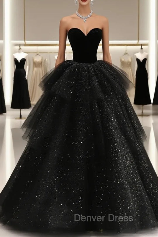 Black Strapless Layered Velvet Tulle Long Prom Dress Main image
