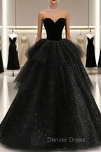 Black Strapless Layered Velvet Tulle Long Prom Dress