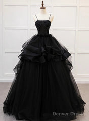 Black Straps Beaded Scoop Tulle Long Formal Dress, Black Tulle Sweet 16 Dress