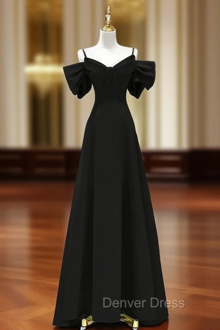 Black Straps Bow Long Prom Dresses