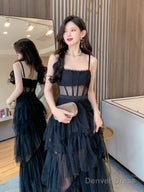 Black Straps Layers Straps Tulle Long Party Dress, A-Line Black Tulle Prom Dress
