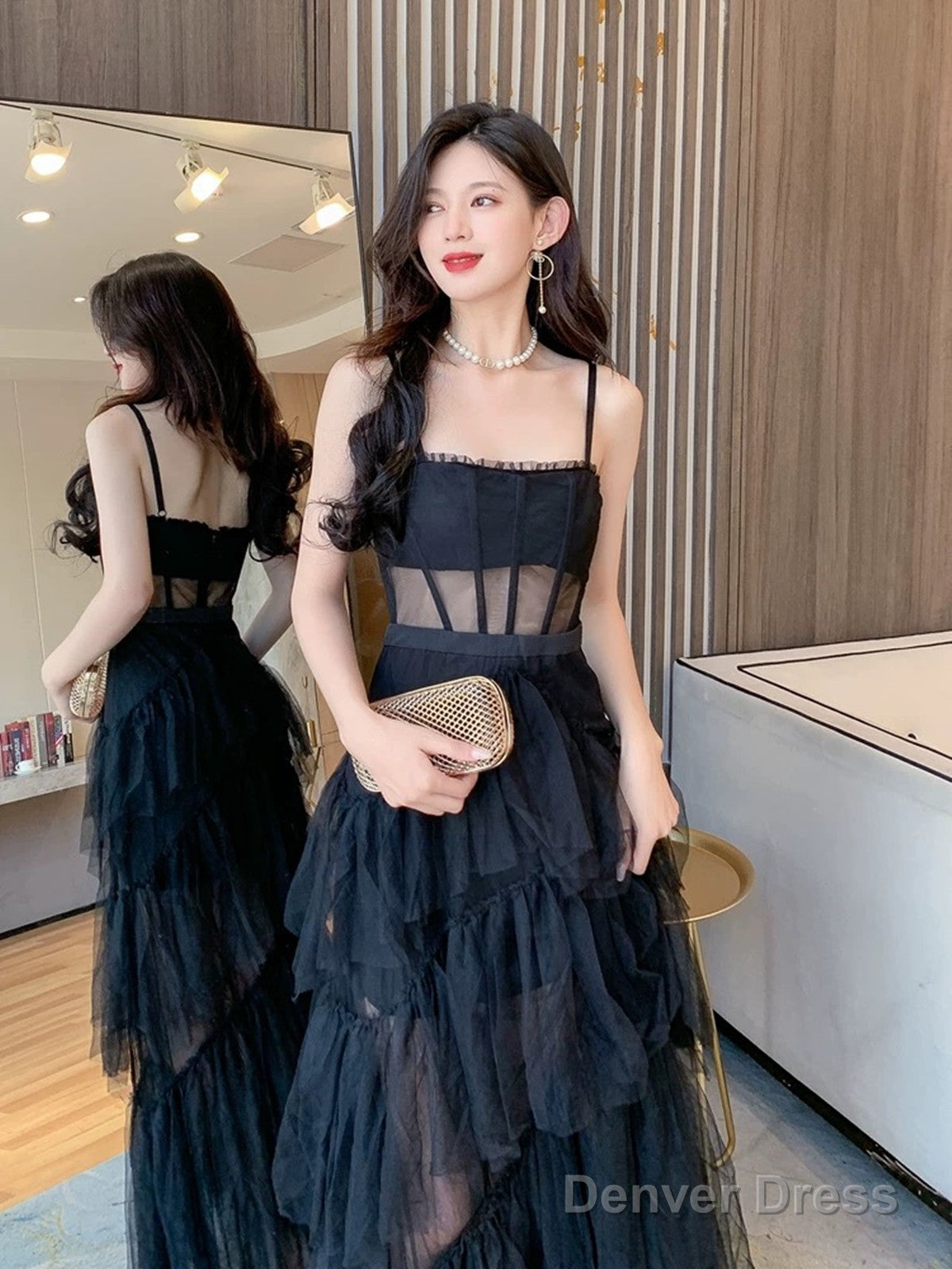Black Straps Layers Straps Tulle Long Party Dress, A-Line Black Tulle Prom Dress