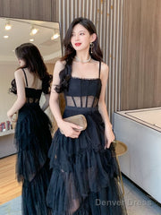 Black Straps Layers Straps Tulle Long Party Dress, A-Line Black Tulle Prom Dress